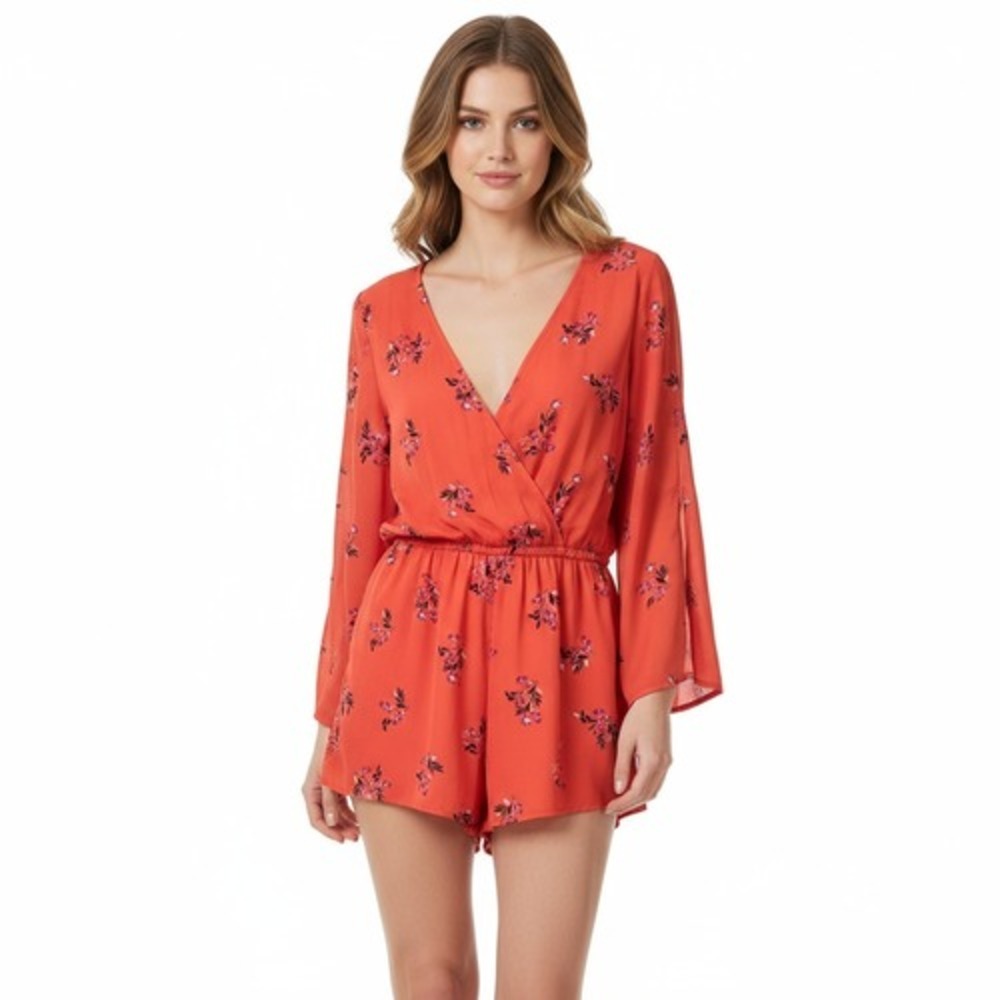 Arizona Jean Co Floral Romper L Coral Bell Sleeve Surplice Boho Festival Outfit